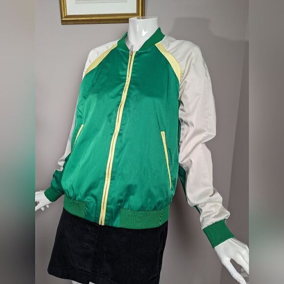 Zara Satin bomber jacket green and beige - Picture 1 of 7